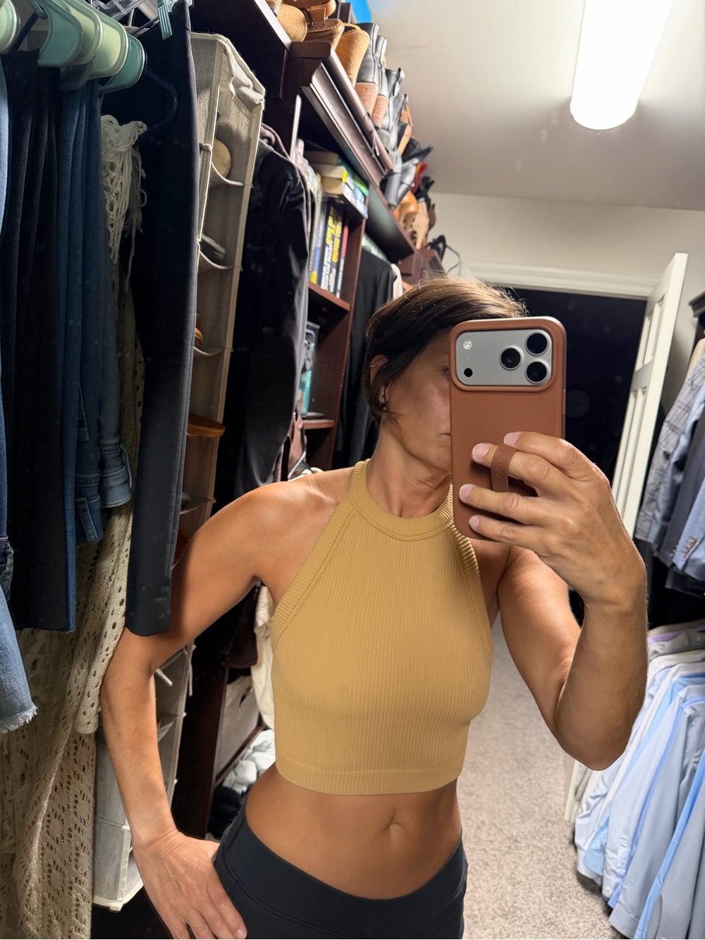 aerie Ribbed High-Neck Cropped Tank Top - Tan